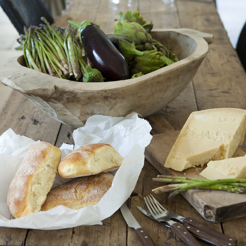 Masseria — carved dough bowl with asparagus, aubergine and artichokes, bread and parmesan